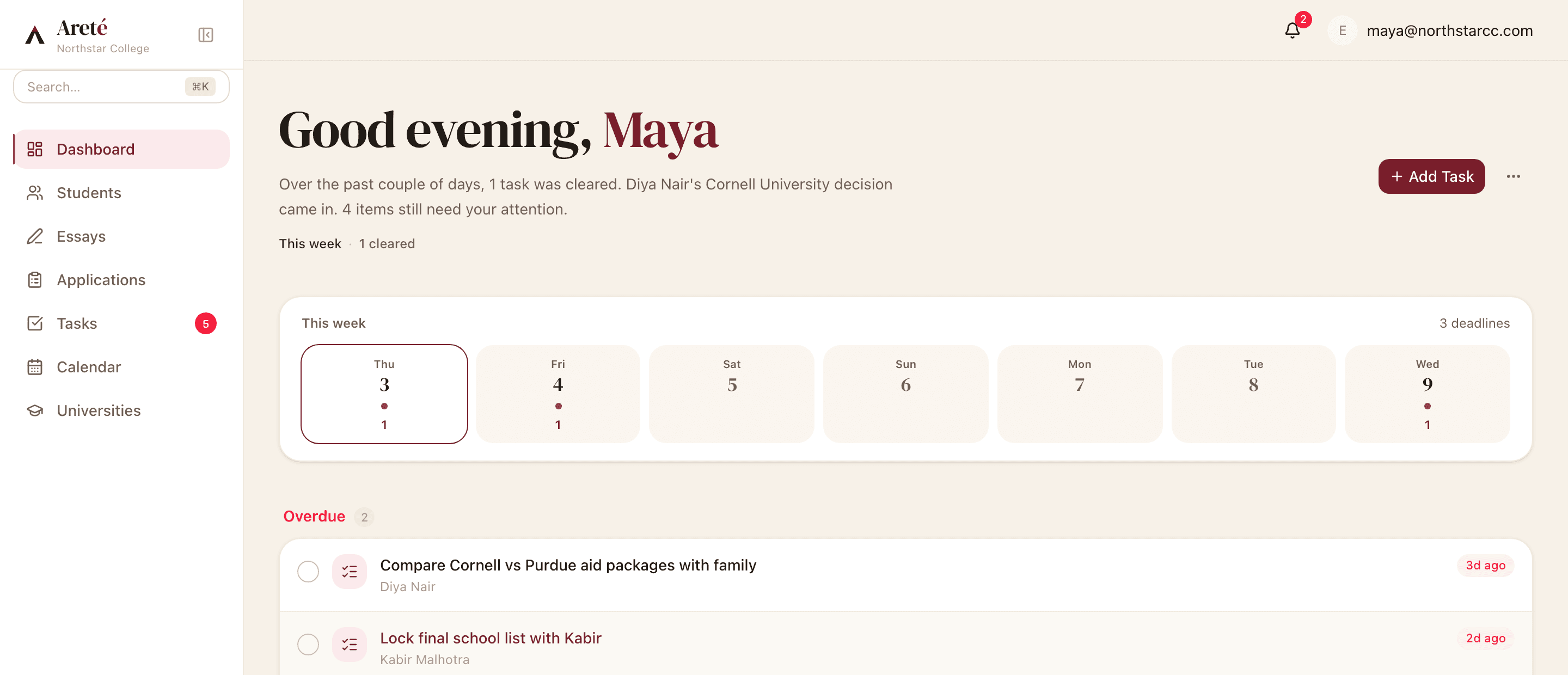 The Areté dashboard showing the day's triaged students and deadlines