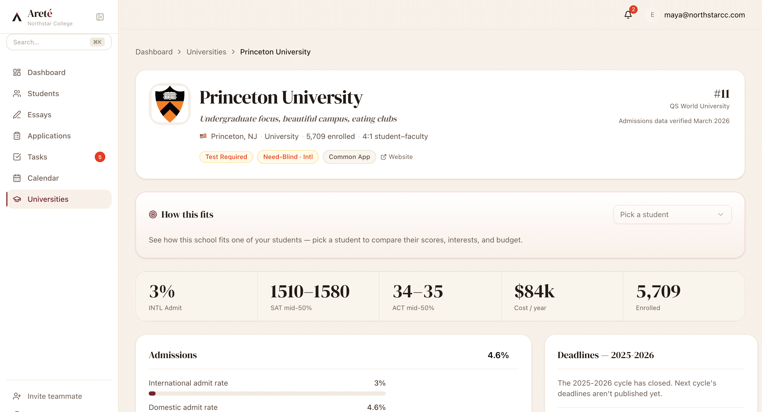 The schools view showing how each school fits a student's scores, interests, and budget